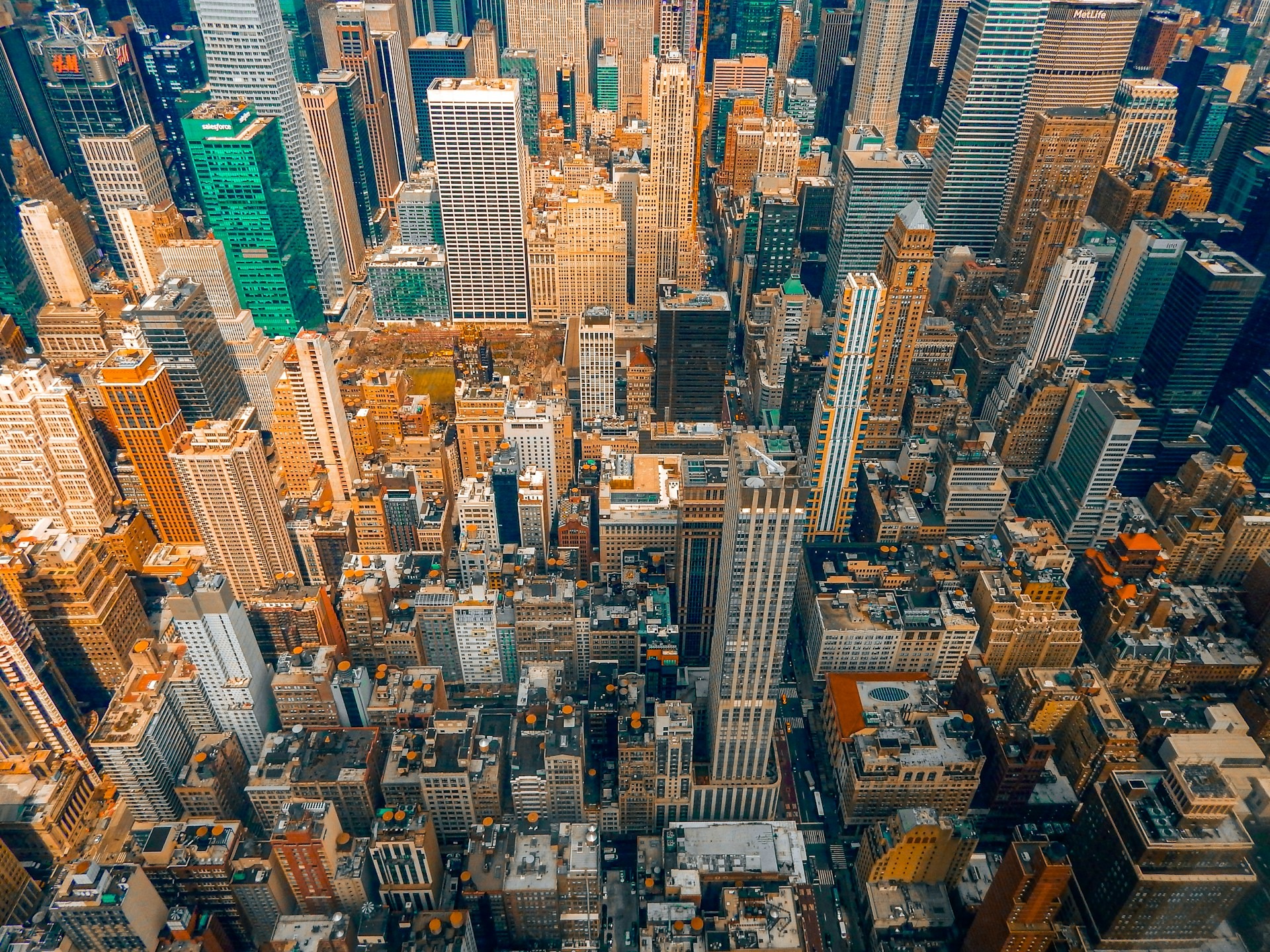 Aerial view of city skyscrapers