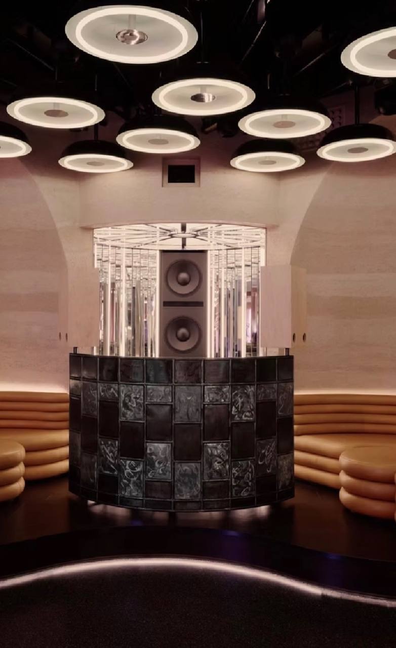 Lounge interior with sculptural lighting