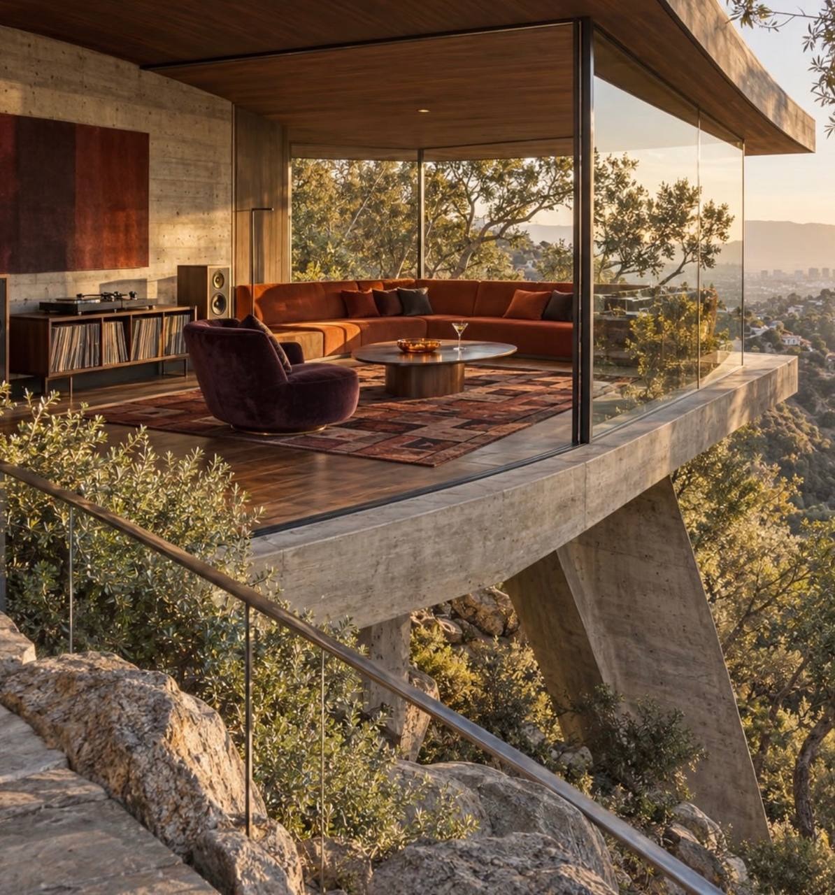 Cantilevered house at sunset