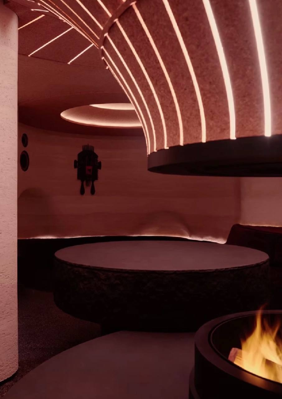 Lounge interior with fire feature